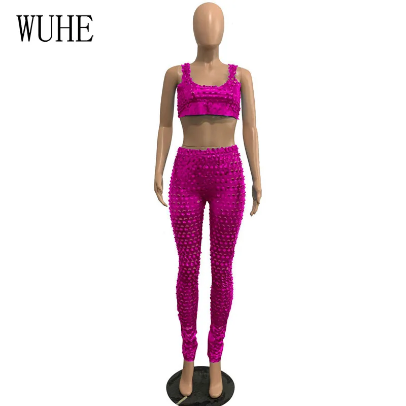

WUHE Hollow Out 2 Piece Sets Off Shoulder Sleeveless Square Collar Top Skinny Package Hip Long Pants Nightclub Party Outfits