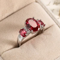 classic silver plated wedding ring elegant redblue gems crystal bridal ring oval cut zircon promise ring anniversary jewelry