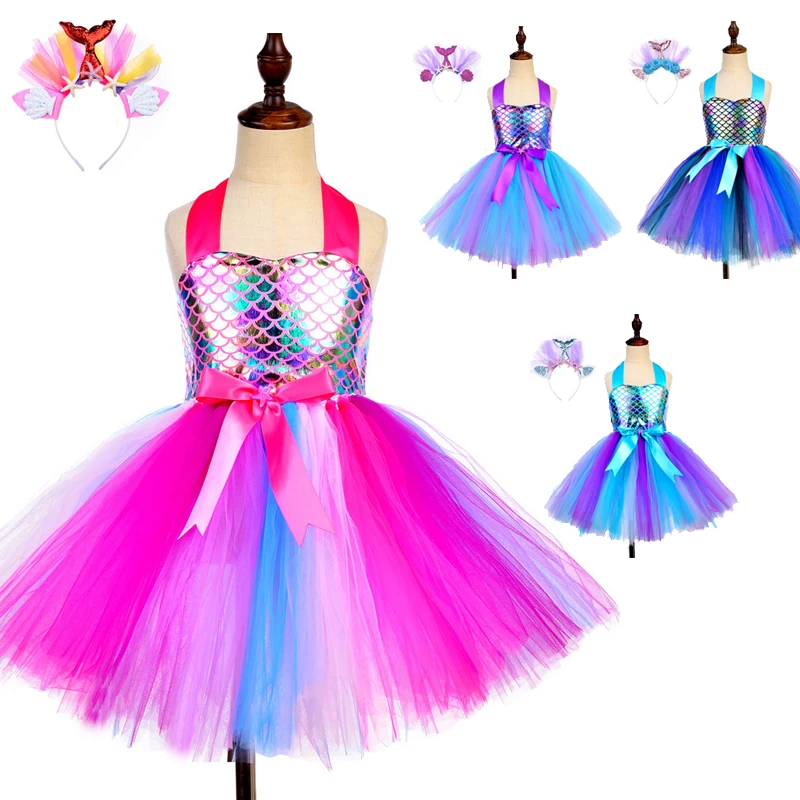 

Anime The Little Mermaid Cosplay Costume Ariel Mermaid Dress Birthday Party Dresses Kids Fancy Up Sequin Girls Princess Dress