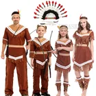 Костюм индийской принцессы на Хэллоуин для женщин и мужчин, детский костюм охотницы на Покахонтас для мальчиков и девочек, маскарадный головной убор для вечевечерние Марди