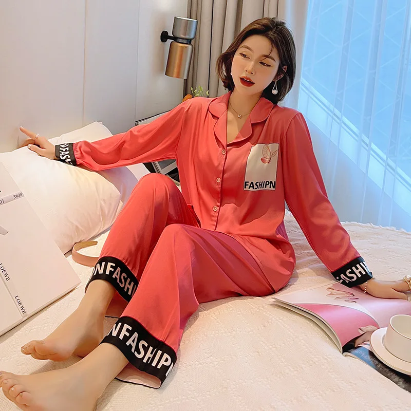 

Women Sexy Sleepwear 2PCS Pyjamas Pour Femme Ice Silk Satin Pajamas Long Sleeve Home Clothing Printed Letter Sleep Set Nightwear