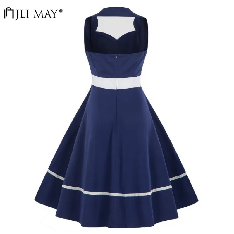 JLI MAY винтажное однотонное летнее платье в темно-синюю полоску пэчворк элегантное