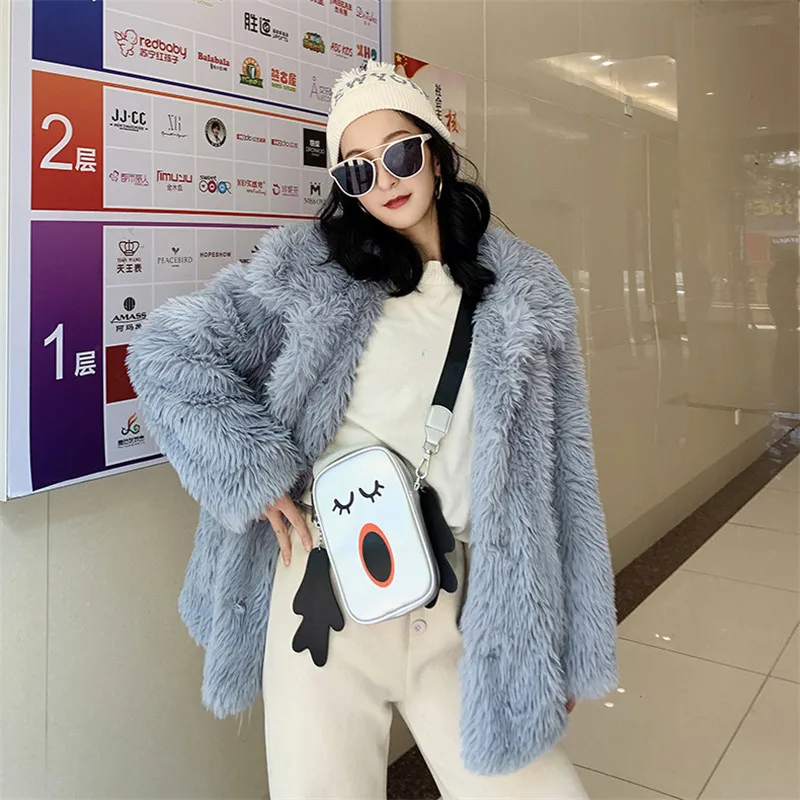 

2021 New Simple Short Blue Faux Fur Coat Lamb Wool Coat Slim Faux Wool Pocket Coat Mid-Length Women's Winter Plush Coat Jacket