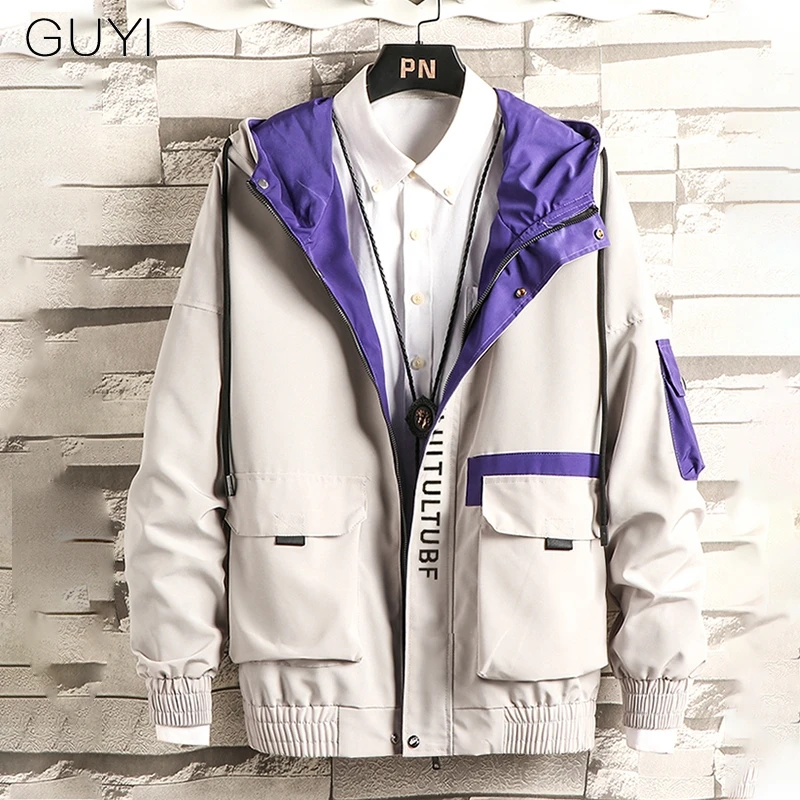 Куртка-бомбер GUYI Мужская черная ветровка с капюшоном и карманами пальто в стиле