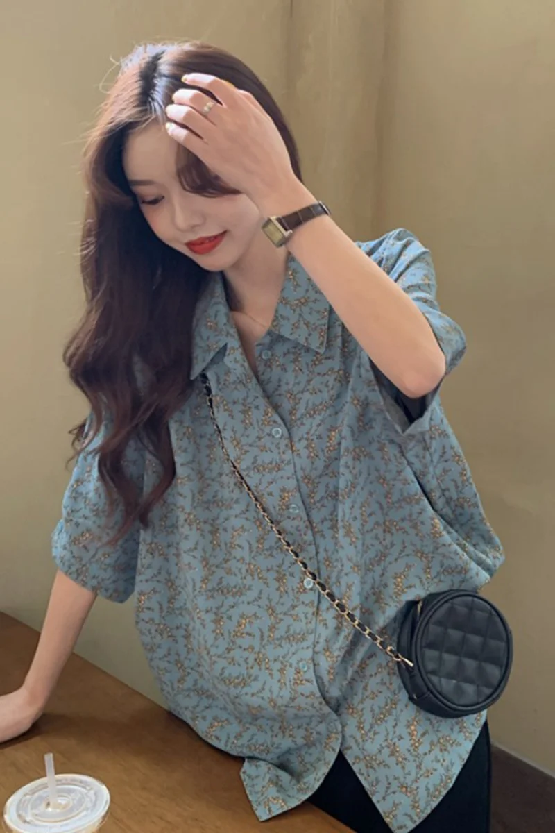 

Blue Floral Shirt Women 2021 New Short Sleeve Chiffon Shirt Summer Loose Korean Style Top