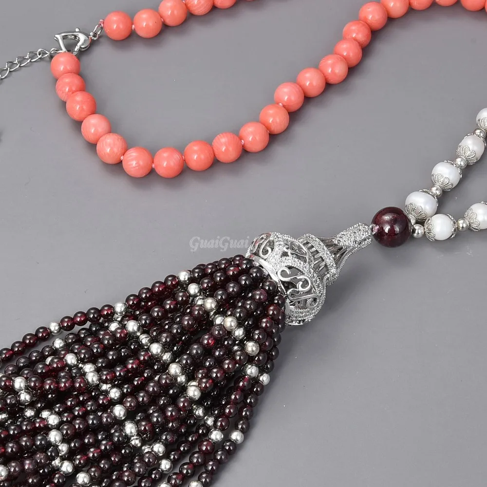 

GG Jewelry 25" Natural Pearl Garnet Coral CZ Pendant Necklace