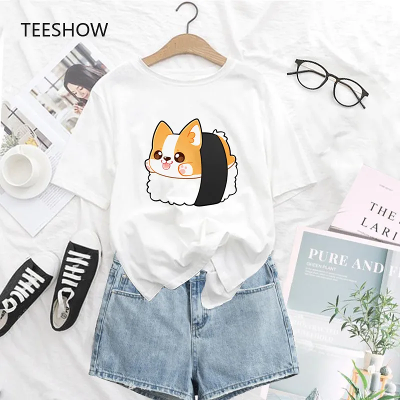 Новая летняя футболка Sushi Corgi женская Ulzzang забавная с рисунком корги Женская белая