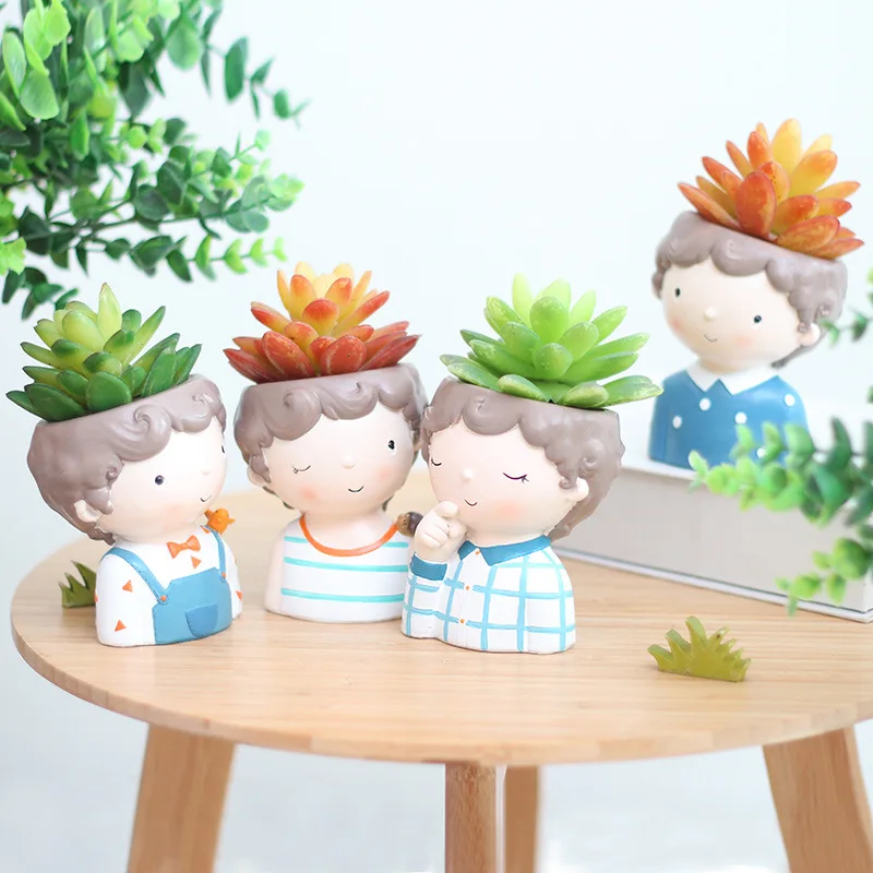 

New Cartoon Curly Hair Boy Gardening Resin Desktop Potted Plant Creative Cute Succulent Flower Pot Household Doll Jewelry