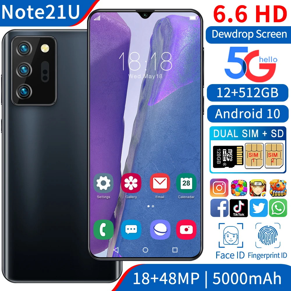 

Note21U 6.6 Inch Universal 5G LET Android Smartphones 10-Core MTK6889 12+512GB Face ID Unlock Cellphones Dual SIM Mobile Phone