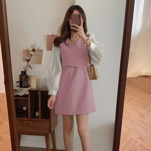 

Fake Two-piece Waistcoat-style Tie Dress Female Skirt V-neck Stitching Dress