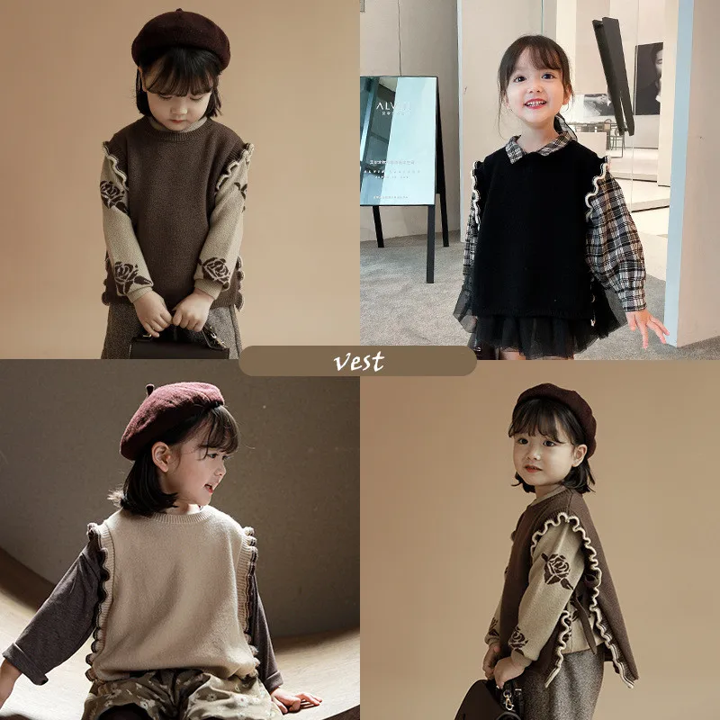 

Kids Girls Sweaters Vests 2021 Vintage Toddler Girl Clothes Fashion Knitted Waistcoat for Little Girls Children Cardigan Outwear