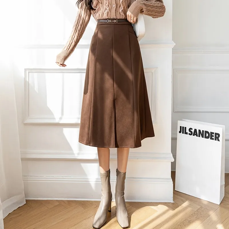 

Ladies Elegant A-line Long Skirts New 2021 Autumn Korean Style Vintage Woolen All-match High Waist Women Casual Skirt W792