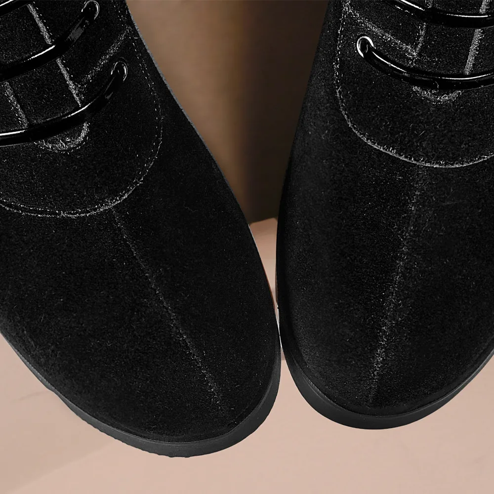 

Women's natural suede leather thick high heel winter wool inside short booties round toe warm snow boots comfortable shoes women