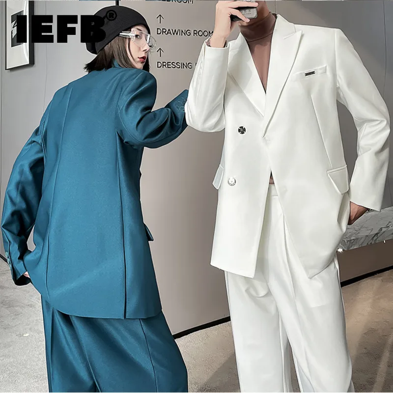

IEFB Men's And Women's White Two Pieces Set Single Breasted Suit Jacket And Straight Long Pants Male Tide Autumn Winter 2021