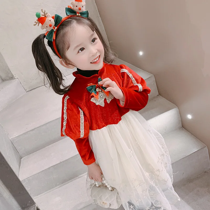 

Рождественское маленькое красное платье для девочек, зимнее плюшевое Новое Детское платье принцессы, плюшевое длинное бархатное платье 1-14