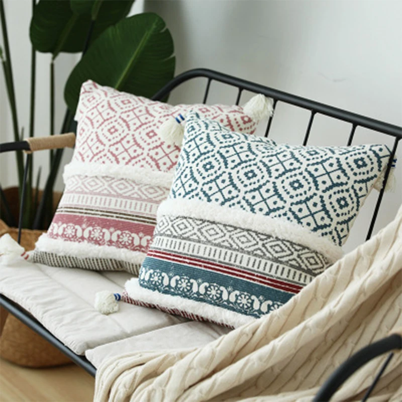 

Cushion Cover Tassel Moroccan Style Pillowcase Sofa Bed Woven for Home Decoration Blue Yellow Pink 45x45cm
