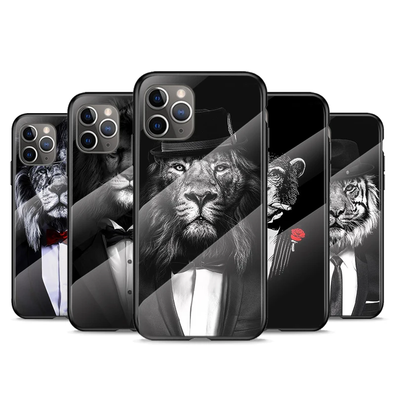 

Suit gentleman lion For Apple iPhone 12 11 8 7 6 6S XS XR SE X 2020 Pro Max Mini Plus Tempered Glass Phone Case