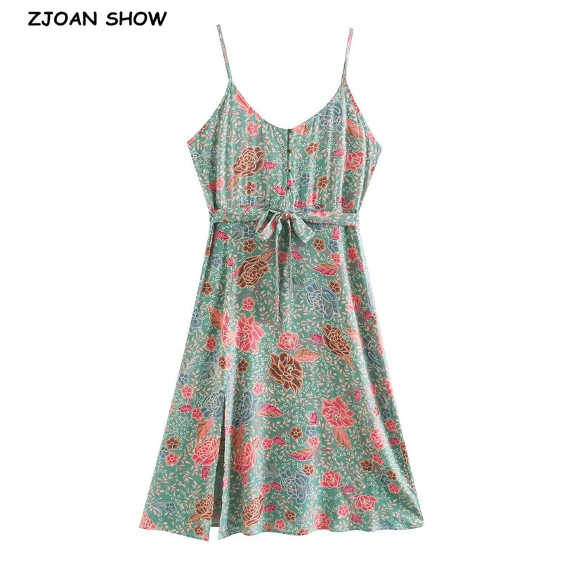 Зеленый BOHO Открытые Кнопки V образным вырезом камелии Цветочный принт платье на