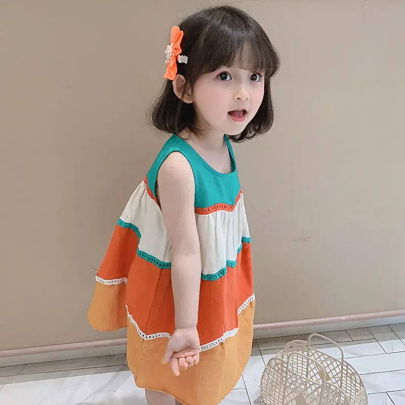 

2021 new girls' dress summer dress western style children's vest skirt summer rainbow P4664