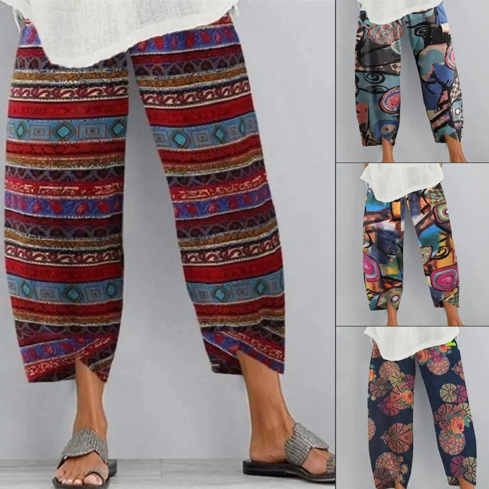 

Harajuku Vintage Ladies Pants Elastic Waistband Ninth-length Skin-friendly Wide Leg Summer Women Pants for Leisure Time