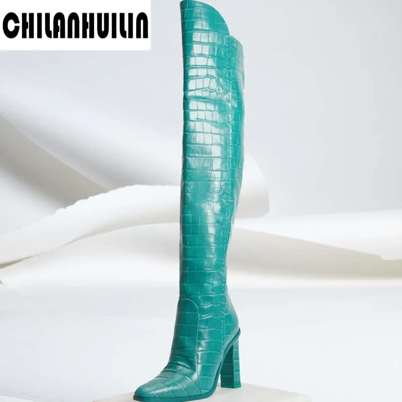 Брендовые модные сапоги до колена с острым носком и змеиным принтом из