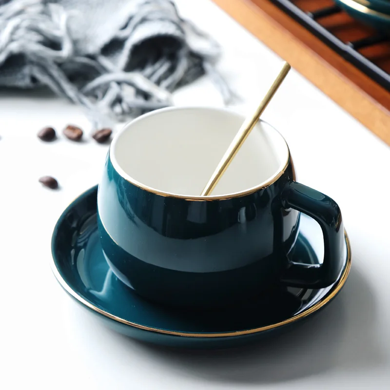 Керамическая чайная чашка MUZITY блюдца фарфоровая зеленая кофейная с ложкой из