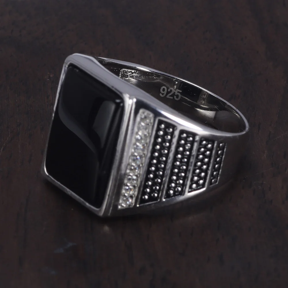 Guaranteed Silver s925 Vintage Mens Rings Natural Black Stone Turkey Ring For Gentlemen Micro Zircon Paved Turkish Jewelry