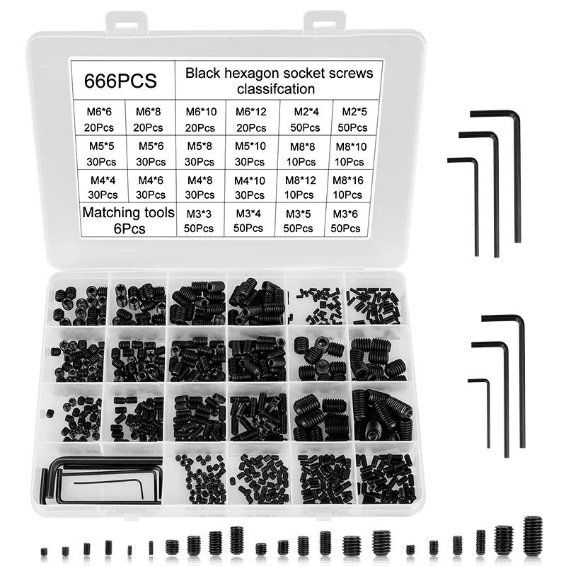 666PCS of 2M 3M 4M 5M 6M Black Hexagon Socket Set Screw With 6 Black Wrenches Alloy Steel Hex Socket Set Screws Grub Screw