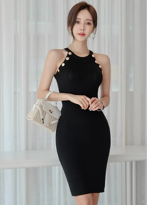 Женское трикотажное платье без рукавов корейское привлекательное с