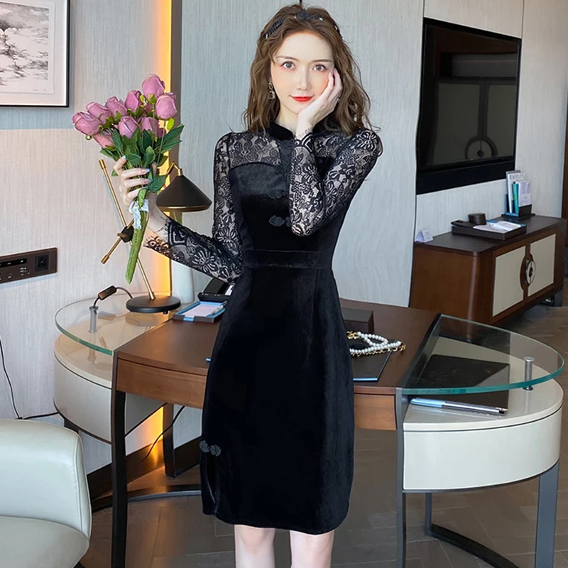 Женское кружевное платье-карандаш средней длины элегантное бархатное черное