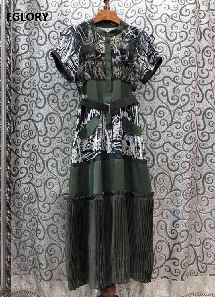 Женское плиссированное платье с коротким рукавом зеленое и черное составного