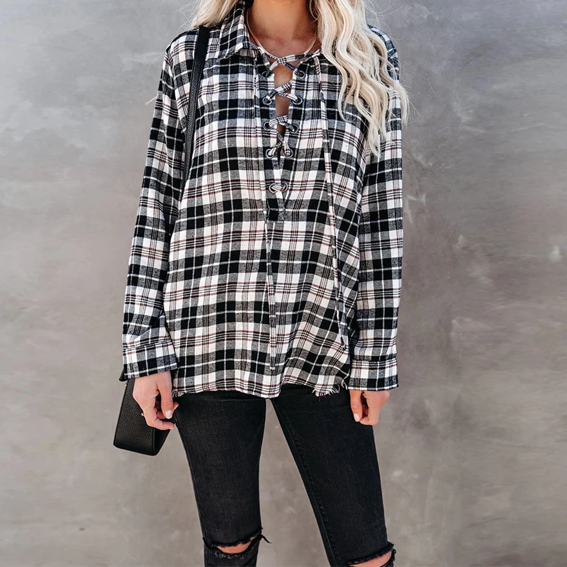 

Женская свободная рубашка в клетку, повседневная черная рубашка с отложным воротником и длинным рукавом, офисные топы, осень 2021