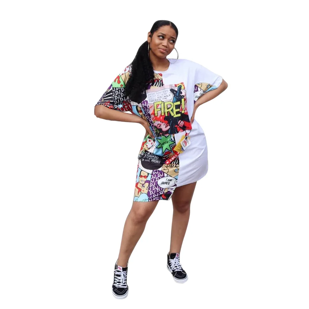 

New women's dress fashion positioning printing round collar irregular loose casual girl comfortable personality dress