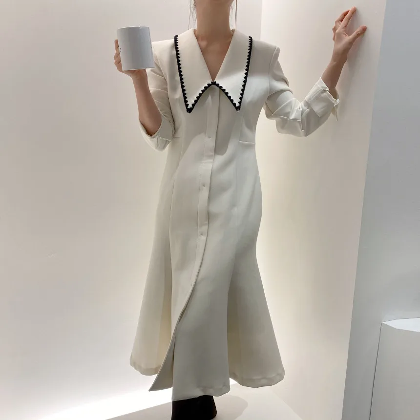 

REALEFT 2021 New Colorblock Long Dresses Elegant High Waist Turn-down Collar Long Sleeve Chic Female Fishtail Party Dress Spring