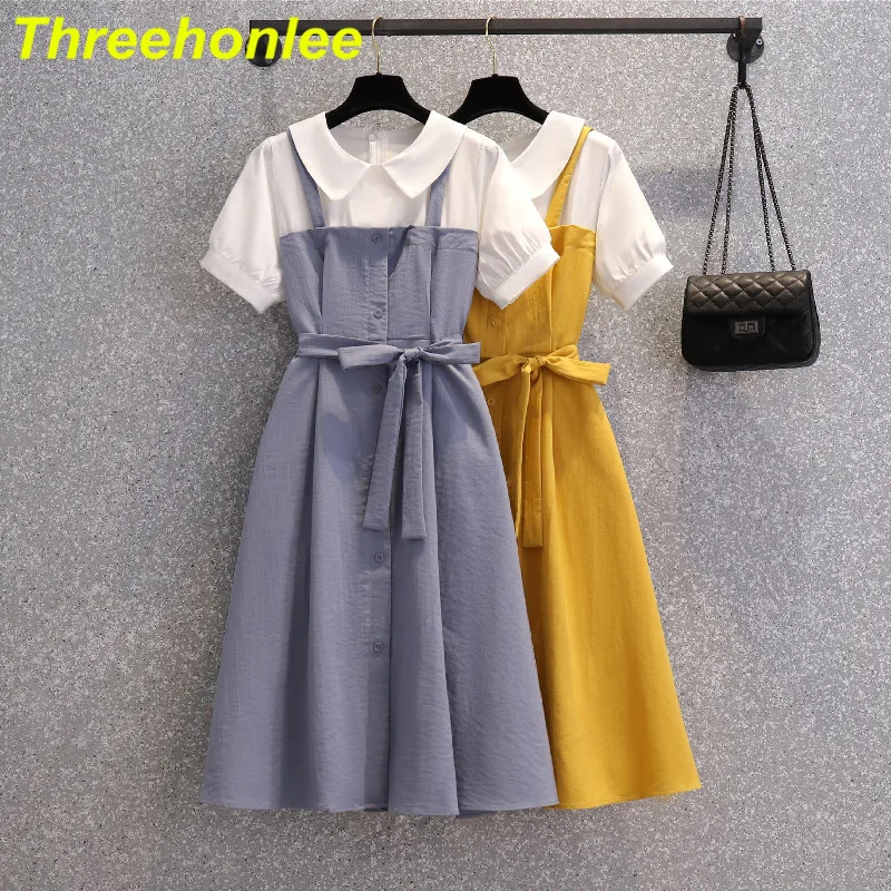 

Plus Size Women Casual Shirt Dress Summer 2021 Cute Peter Pan Collar Puff Short Sleeve Patchwork High Waist Loose Dresses 4XL
