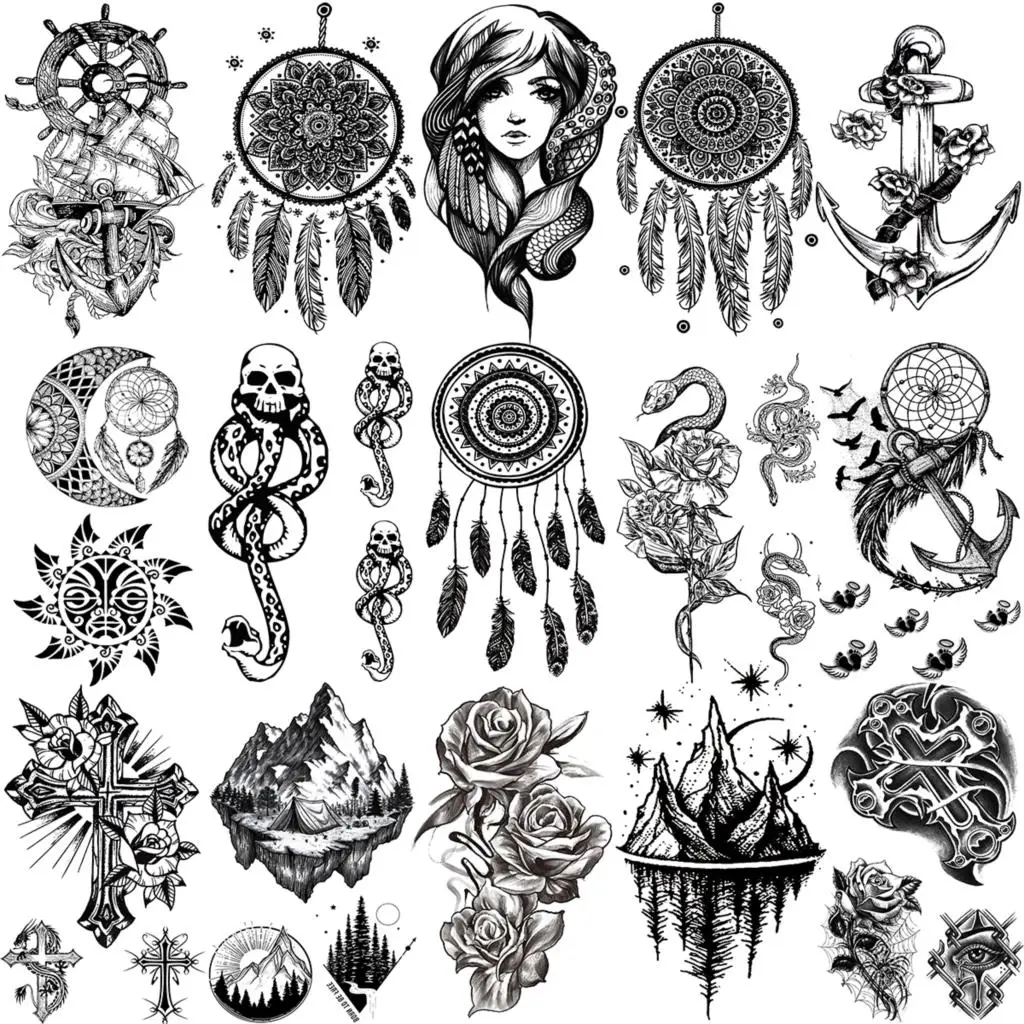 

Black Henna Dream Catcher Temporary Tattoos For Women Adult Girls Cross Anchor Snake Mountain Fake Tattoo Neck Arm Hands Tatoos