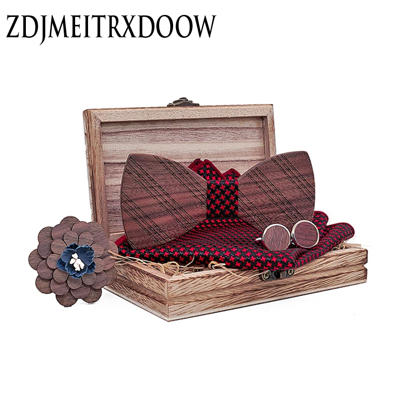 Plaid Carved Wooden Wood Bowtie Red Strip Solid Handkerchief Brooch Cufflinks Set Suit For Men Wedding Accessories Novelty Ties