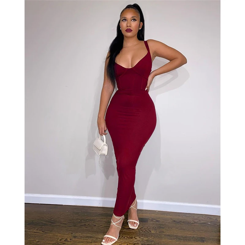 

2022 Solid Spaghetti Strap Knitted Maxi Dress Women Elegant Low V-Neck Body-Shaping High Waist Robe Partywear Female Vestidos
