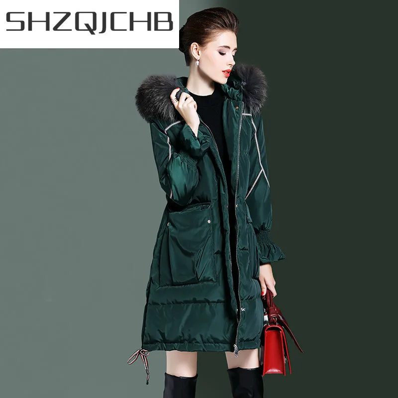 

SHZQ зимняя модная куртка на утином пуху с капюшоном из натурального меха енота женское корейское толстое теплое пуховое пальто Женская длин...