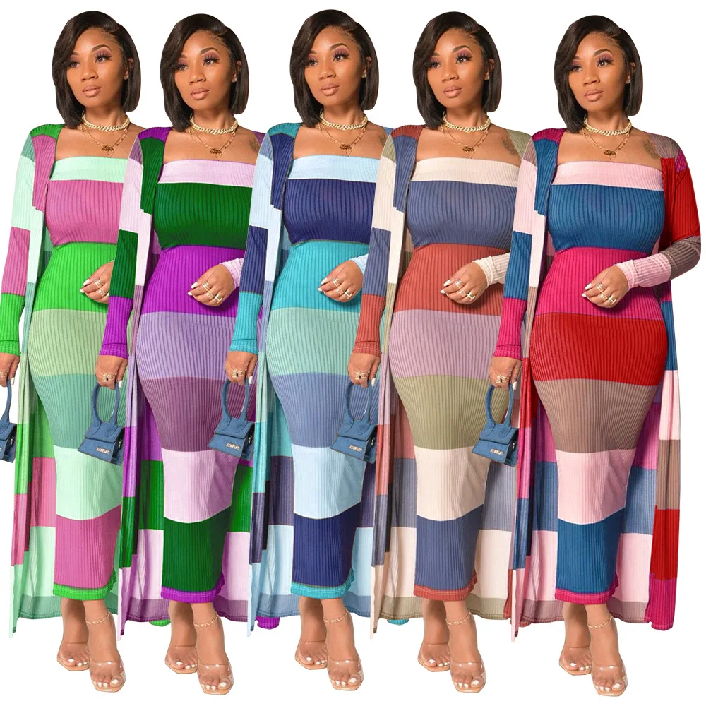 

Autumn Winter 2 Piece Set Women Fashion Plus Size Casual Striped Tube Top Tight Skirt Cardigan Suit Ladies Casual 2 Piece Suit