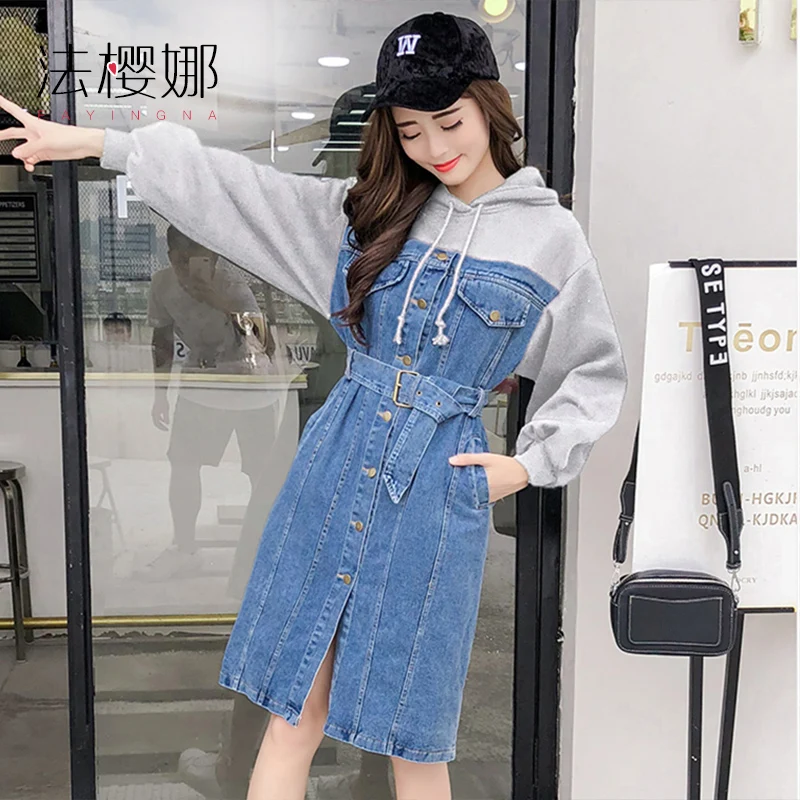 

Women Hooded Denim Dress 2020 Spring Streetwear Cotton Jeans Patchwork Casual Hoodie Single Button