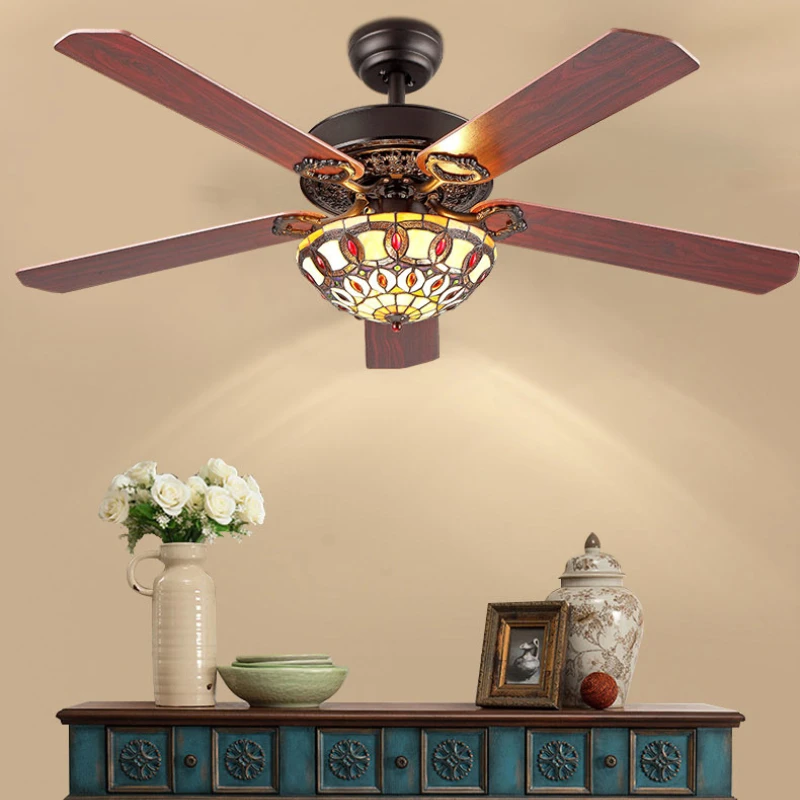 Светодиодный потолочный вентилятор Американский Тиффани Гостиная Обеденная