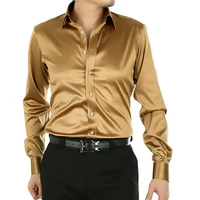men luxury silky satin dress shirt slim fit silk like long sleeve casual shirts performance stage dance party wedding clothing
