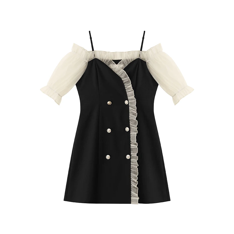 

Korean Lace Patchwork Spaghetti Strap Mini Dress Women Sexy V Neck Off The Shoulder Double Breasted Club Party Dress 2020 Summer