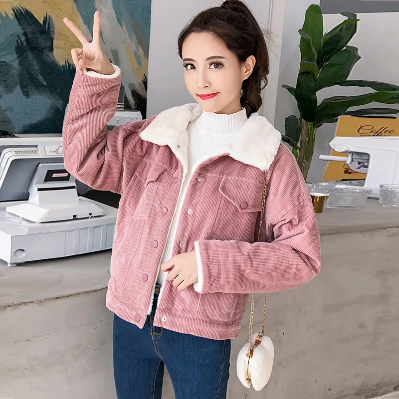 

autumn Loose Corduroy jacket woman winter new Korean the Thick lambs wool jacket female short Coat long sleeve Corduroy jacket