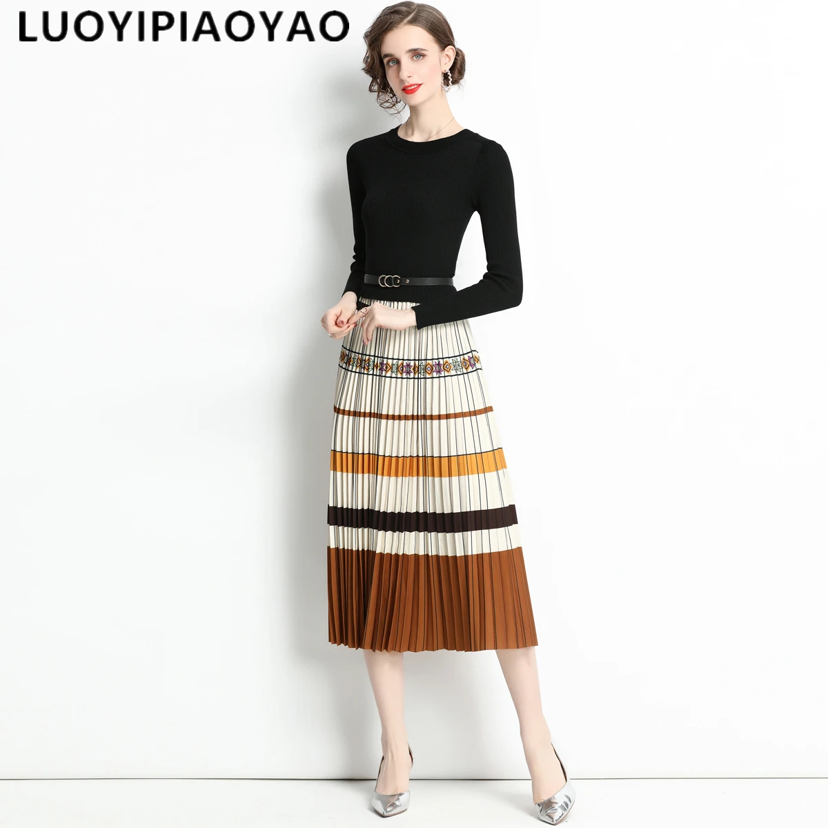

Autumn Winter Elegant Knitted Patchwork Contrast Color Pleated Dress Women Long Sleeve Office Lady Sweater Dresses With Belt B97