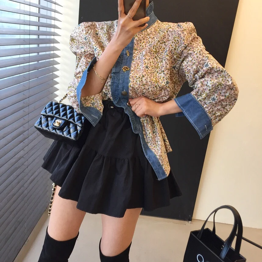 

Ladies Korean retro fashion color matching shirt high waist skirt two-piece suit