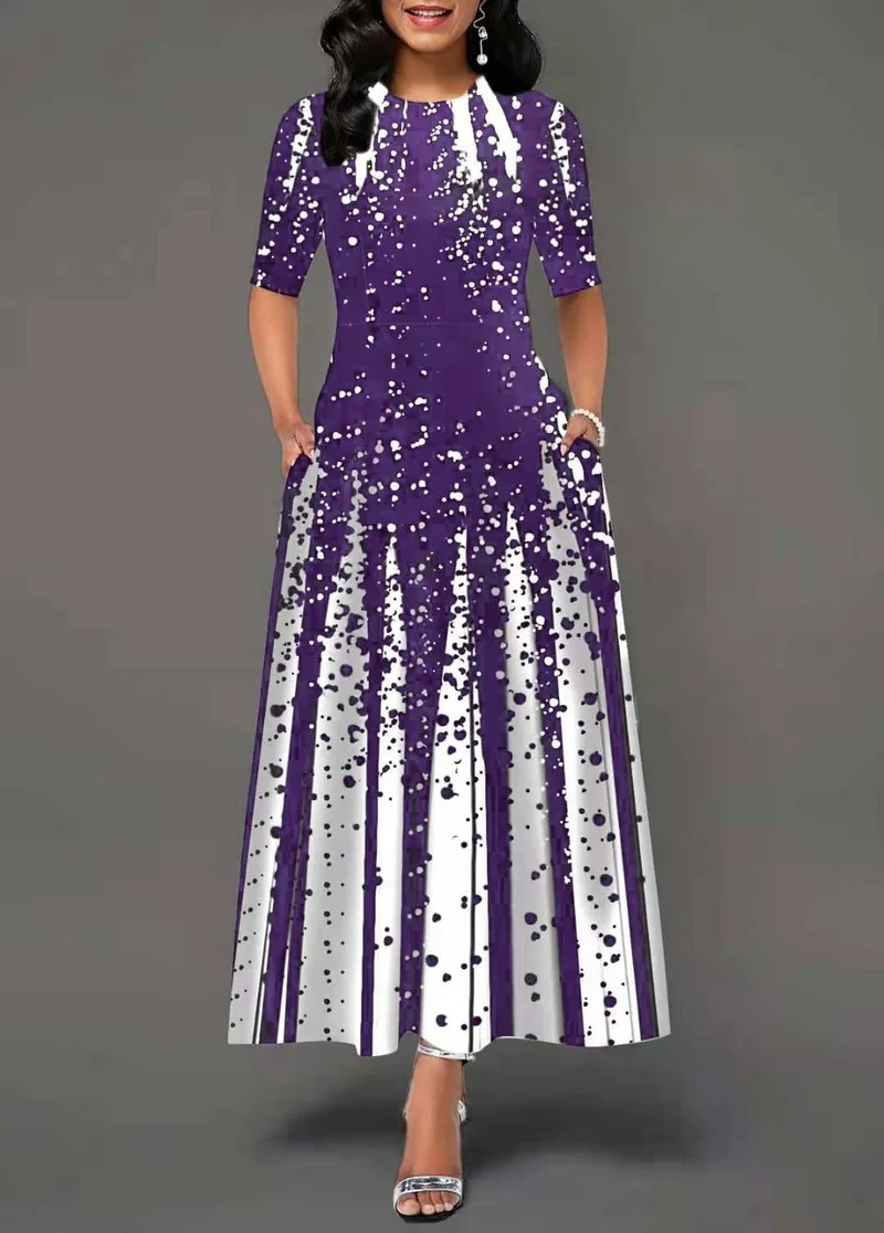 

Plus size 4xl 5xl Women Elegant Long Maxi Dress Short Sleeve Patchwork Dot Print Party Dresses Summer Femme Vintage A-Line Dress