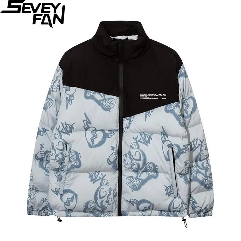 

SEVEYFAN Men's Winter Cartoon Bear Printed Jackets Fashion Down Cotton Stand Collar Coat for Couples