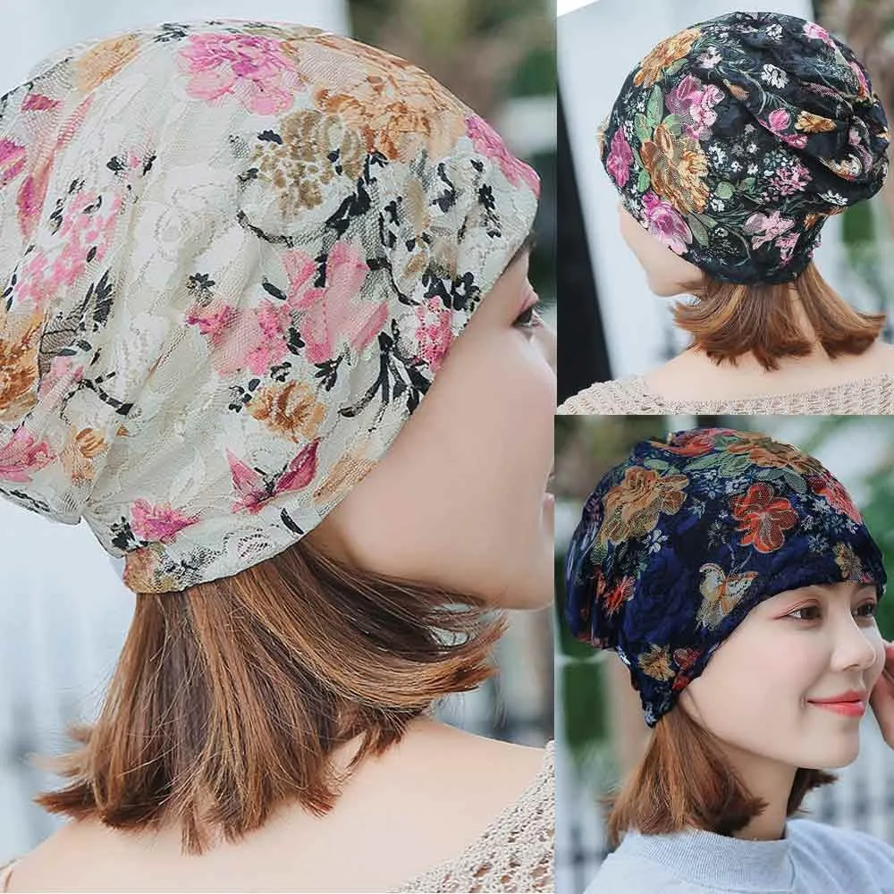 

Women Stretch Turban Hat Lace Print Beanies Warm Hedging Cap Casual Skull Cap Adjustable Sweatband Working Hat